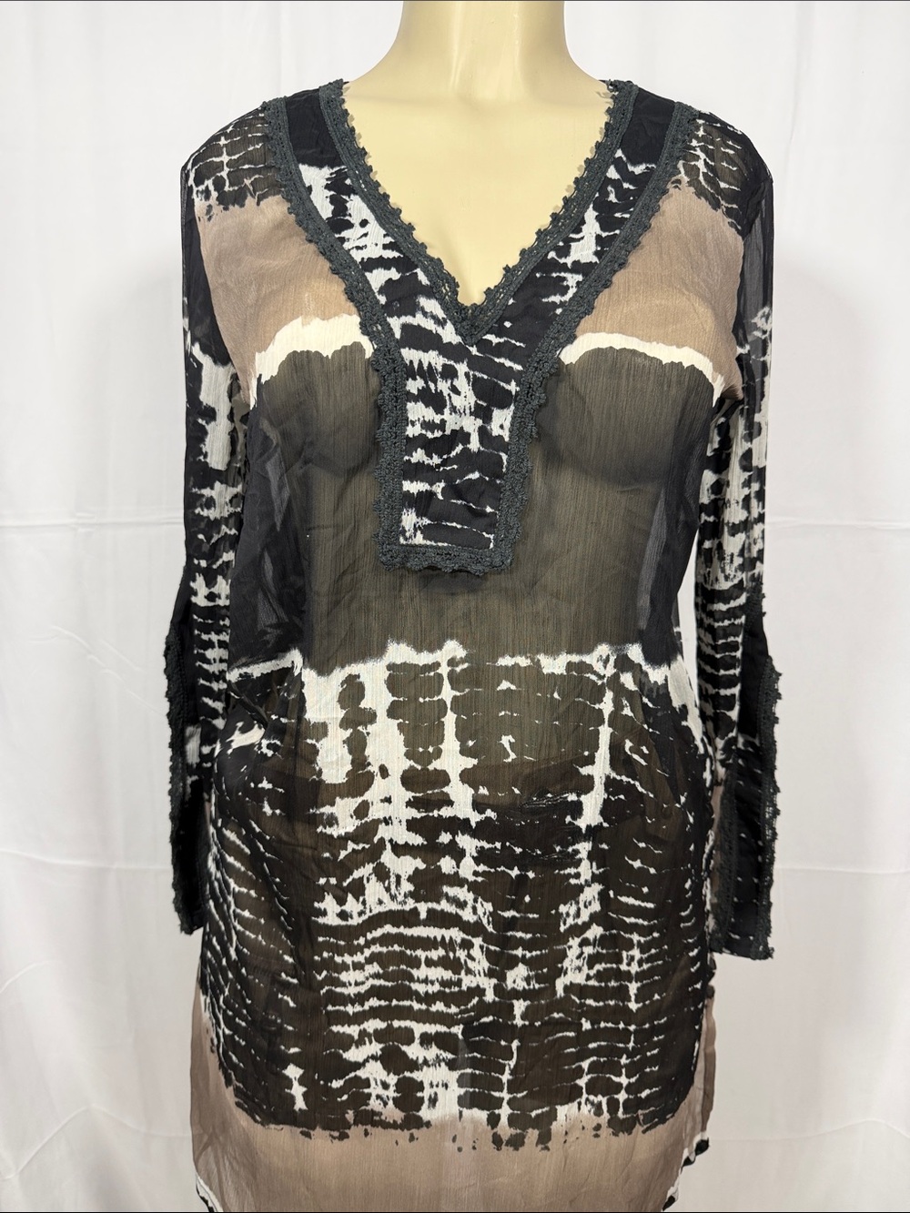 Sheer Tie-Dye Tunic Dress in Black, White & Taupe - Picture 2 of 6